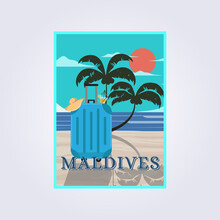 Travel Retro Vintage Poster Beach Travel, Suitcase And Palm Tree Vector Poster Logo Illustration Design Template Background