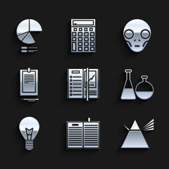 Wall Mural - Set Notebook, Light rays in prism, Test tube and flask chemical laboratory, bulb with concept of idea, Clipboard document, Extraterrestrial alien face and Pie chart infographic icon. Vector