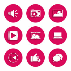 Poster - Set Picture landscape, Hand like, Speech bubble chat, Laptop, Rewind, Play Video, and Speaker volume icon. Vector