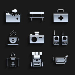 Sticker - Set Photo camera, Hiking backpack, Cinema, Walkie talkie, Campfire and pot, Coffee cup, First aid kit and Mountains icon. Vector