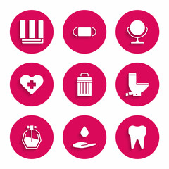 Wall Mural - Set Trash can, Washing hands with soap, Tooth, Toilet bowl, Perfume, Heart cross, Round makeup mirror and Towel stack icon. Vector