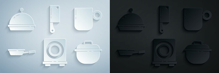 Sticker - Set Electric stove, Coffee cup, Frying pan, Cooking pot, Meat chopper and Covered with tray food icon. Vector