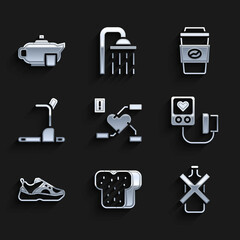 Sticker - Set Attention to health heart, Bread toast, No alcohol, Blood pressure, Sport sneakers, Treadmill machine, Coffee cup go and Teapot with icon. Vector