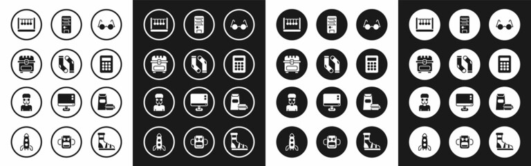 Poster - Set Eyeglasses, Socks, Antique treasure chest, Pendulum, Calculator, Computer, Burger and Nerd geek icon. Vector