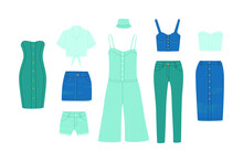 Vector Cartoon Collection Of Stylish Women's Casual Denim Clothing. Overalls, Jeans, Dress, Tops, Skirts, Shorts, Panama Hat. Modern Trendy Wardrobe Items On A White Background.