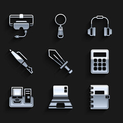 Poster - Set Sword for game, Laptop, Spiral notebook, Calculator, Monitor with keyboard, Fountain pen nib, Headphones and Virtual reality glasses icon. Vector