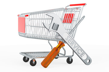 Poster - shopping trolley with screwdriver and wrench. 3d rendering