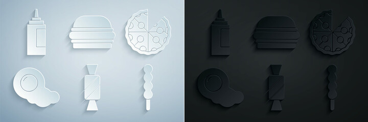 Wall Mural - Set Candy, Pizza, Scrambled eggs, Lollipop, Burger and Sauce bottle icon. Vector