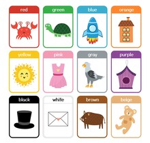 Color Flashcards Collection With Cute Animals. Color Names And Pictures Set For Preschool. Preschool Learning Flash Cards Templates For Kids. Vector Illustration