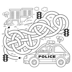 Wall Mural - Maze or Labyrinth Game. Puzzle. Tangled road. Coloring Page Outline Of cartoon policeman with car. Profession - police. Coloring book for kids.