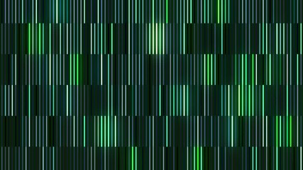 Poster - A wall of reflective long multicolored stripes on a black background, seamless loop. Motion. Mainly green blinking lines.