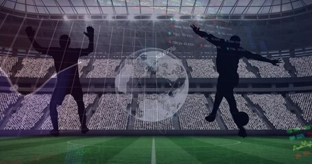 Poster - Animation of graphs and data processing, with globe and footballers over sports stadium