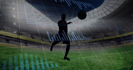Poster - Animation of graphs and data processing over footballers at sports stadium