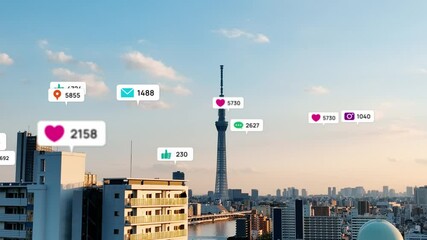 Poster - Modern city and various notification. Social networking service concept. communication network.
