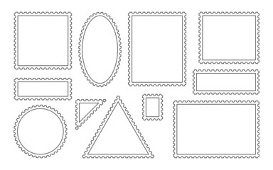 Poster - Contour blank postage stamps icon set. Collection perforated postal frames for envelope. Linear template paper mark with place for images or text. Toothed border. Isolated on white vector illustration