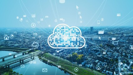 Poster - Modern city and cloud computing concept. System integration. SaaS (Software as a Service).