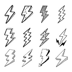 Wall Mural - set of hand drawn vector doodle electric lightning bolt symbol sketch illustrations. thunder, vector ilustration