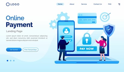 Wall Mural - Online payment and secured landing page website illustration flat vector template 