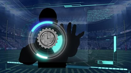 Poster - Animation of clock, scope scanning and data processing over man's silhouette and sports stadium