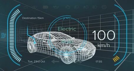 Poster - Animation of speedometer and power status data on hybrid vehicle interface, over 3d car model