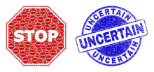 Vector Stop Octagon Sign Icon Collage Is Composed With Repeating Recursive Stop Octagon Sign Parts. Uncertain Corroded Blue Round Stamp Seal. Recursive Mosaic Of Stop Octagon Sign Icon.