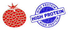 Vector Tomato Icon Collage Is Created With Random Recursive Tomato Items. High Protein Unclean Blue Round Seal. Recursive Collage From Tomato Icon.