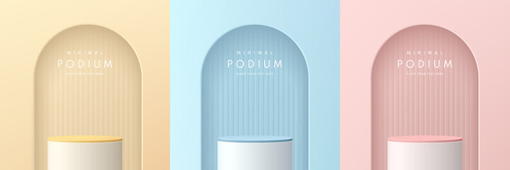 Wall Mural - set of pink, yellow, blue and white realistic 3d cylinder stand podium in arch window. vector abstra