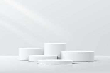 Wall Mural - white realistic 3d cylinder steps pedestal podium set with shadow and lighting. vector abstract stud
