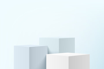 white and blue realistic 3d steps cube stand podium set with shadow and lighting. vector abstract st