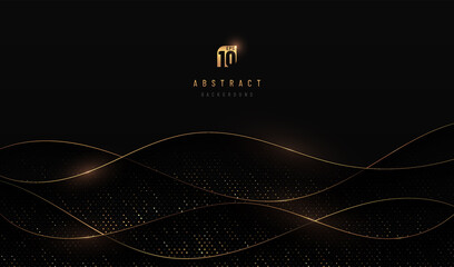 Wall Mural - abstract curve wavy layers overlapping on black background with golden light lines and glowing dots 