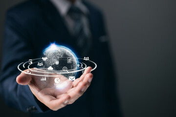 Poster - Connection to the world network. The concept of big data analytics and business intelligence. Global business point and line composition concept on a world map. The technology of digital links.