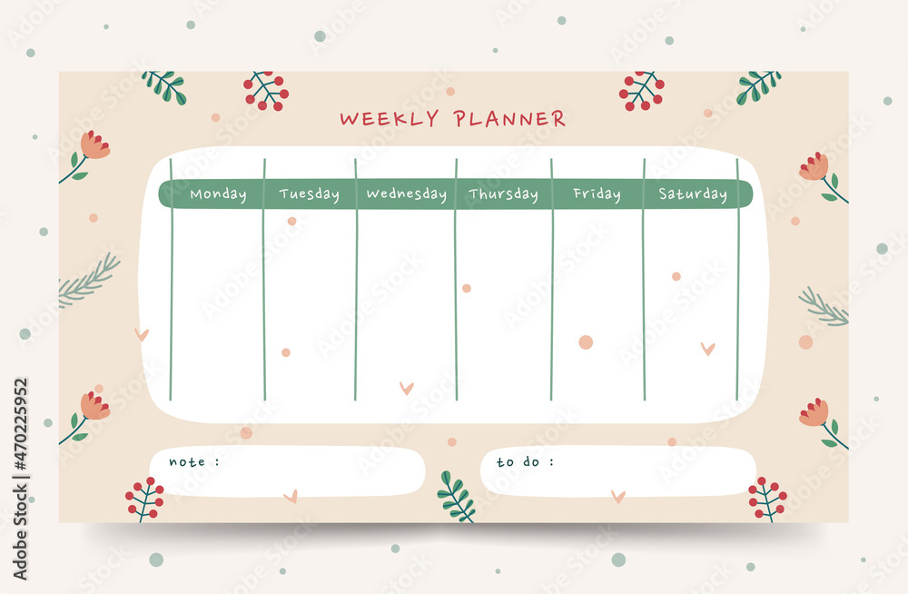 Printable weekly planner with cute illustration green plant theme ...