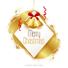 Stylish Merry Christmas Greeting With Golden Bells On Grunge Background