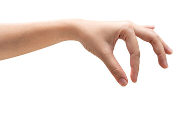 Woman hand picking something  isolated on white background.