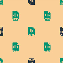 Poster - Green and black MP3 file document. Download mp3 button icon isolated seamless pattern on beige background. Mp3 music format sign. MP3 file symbol. Vector