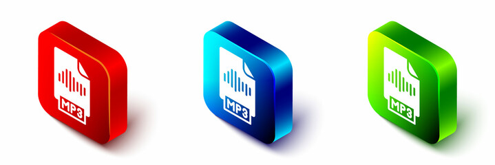 Poster - Isometric MP3 file document. Download mp3 button icon isolated on white background. Mp3 music format sign. MP3 file symbol. Red, blue and green square button. Vector