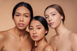 Portrait of three caucasian, korean and african american woman face skin beauty