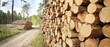 Freshly made firewood in the evergreen forest, pine tree logs close-up. Environmental damage, ecological issues, ecology, nature, wood, deforestation, alternative energy, lumber industry, business