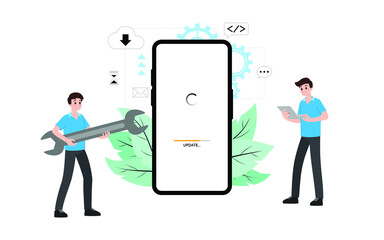 Fototapete - IT administrator with software upgrade process on mobile. Digital system device administration, network upkeeping, smartphone systems configuration concept. System maintenance application vector.