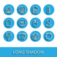 Poster - Set line Paint brush, Web design and development, Laptop gear, Computer monitor, Circle with Bezier curve, Speech bubble text 3D, Stamp and Crossed ruler pencil icon. Vector