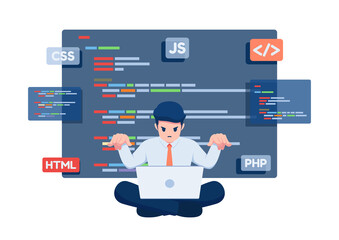 Aufkleber - isometric businessman as a programmer working on laptop to coding