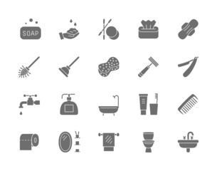 Sticker - Set of Hygiene Grey Icons. Bathtub, Bath Sponge, Tampon, Toilet Plunger and more