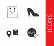 © Iryna - Set Buy button, Paper shopping bag, Location with cardboard box and Woman shoe icon. Vector