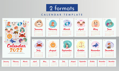 Canvas Print - Complete Set Of 12 Month 2022 Calendar Template Design With Zodiac Signs In Two Formats.