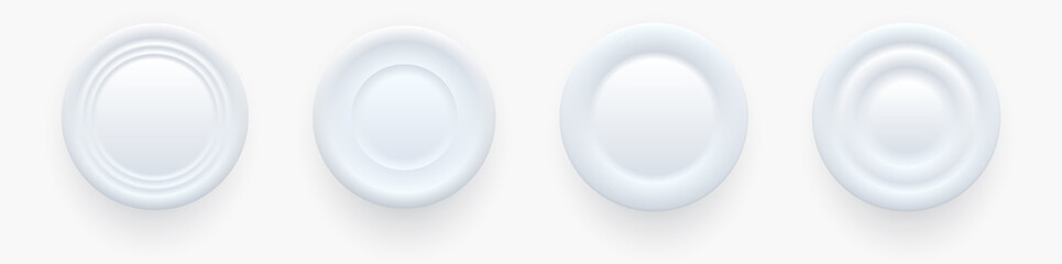 Aufkleber - White buttons for user interface, simple circle 3D modern design for mobile, web, social media, business. Neumorphism flat style vector editable illustration. White gray color minimal style UI icons s