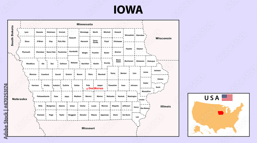 Iowa Map. Political map of Iowa with boundaries in white color. Stock ...