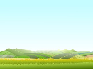 Wall Mural - Spring juicy meadow. Blue sky. Rural landscape with grass and orchard farmer hills. Cute funny cartoon design. Flat style. Vector.