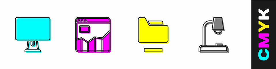 Poster - Set Computer monitor, Graph chart infographic, Document folder and Table lamp icon. Vector