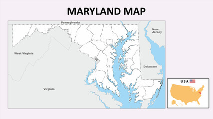  Maryland Map. Political map of Maryland with boundaries in white color.