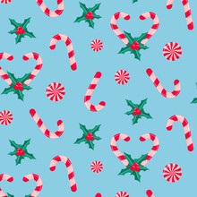 Romantic Christmas Pattern With Candy Canes, Holly Leaves And Berries, Peppermint Swirl Candies.